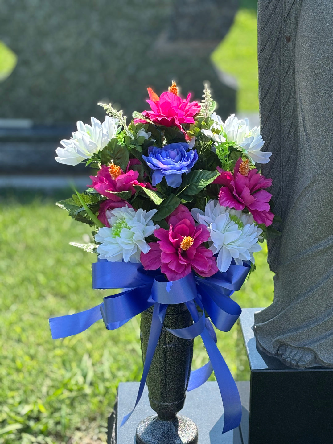 Morning Bloom Memorial Side Vase Arrangement (Magenta Hibiscus, White Daisies & Periwinkle Roses)