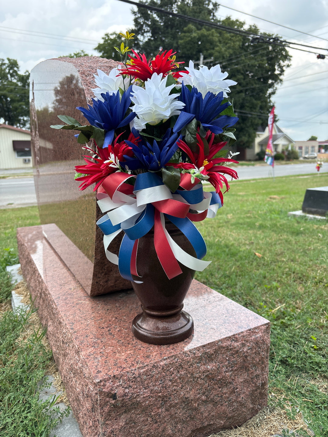 Liberty Blooms Memorial Side Vase Arrangement (Red, White & Blue)