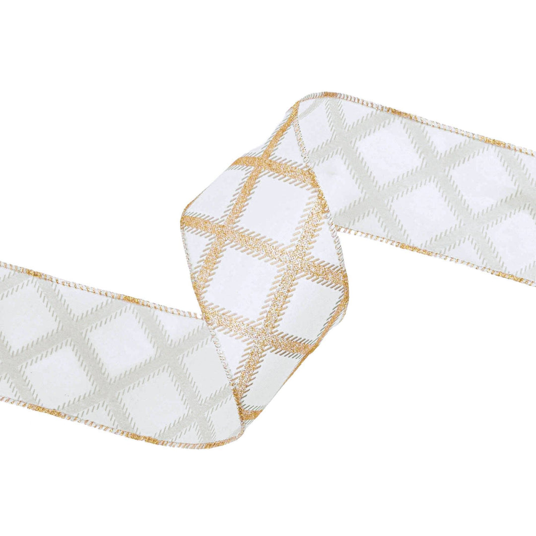 2 1/2" Wired Ribbon | Gold Glitter Diamonds on Ivory | 10 Yard Roll