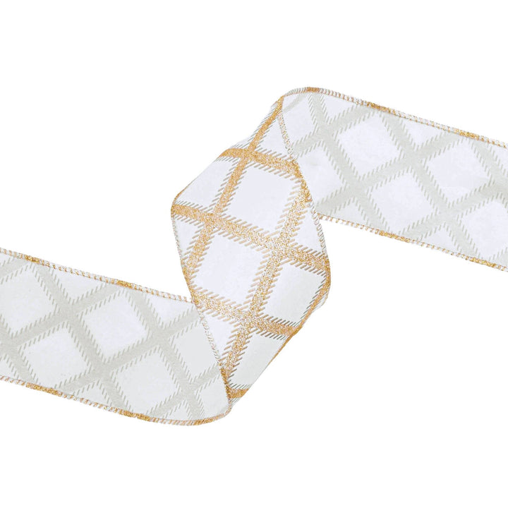 2 1/2" Wired Ribbon | Gold Glitter Diamonds on Ivory | 10 Yard Roll
