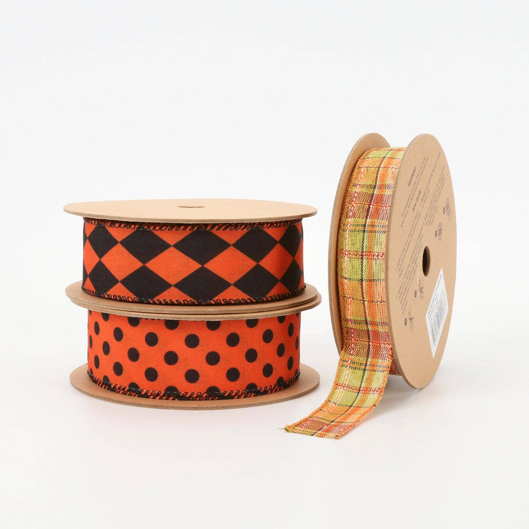 1 1/2" Faux Linen Wired Ribbon|Rhombus Orange/Black|10 Yards