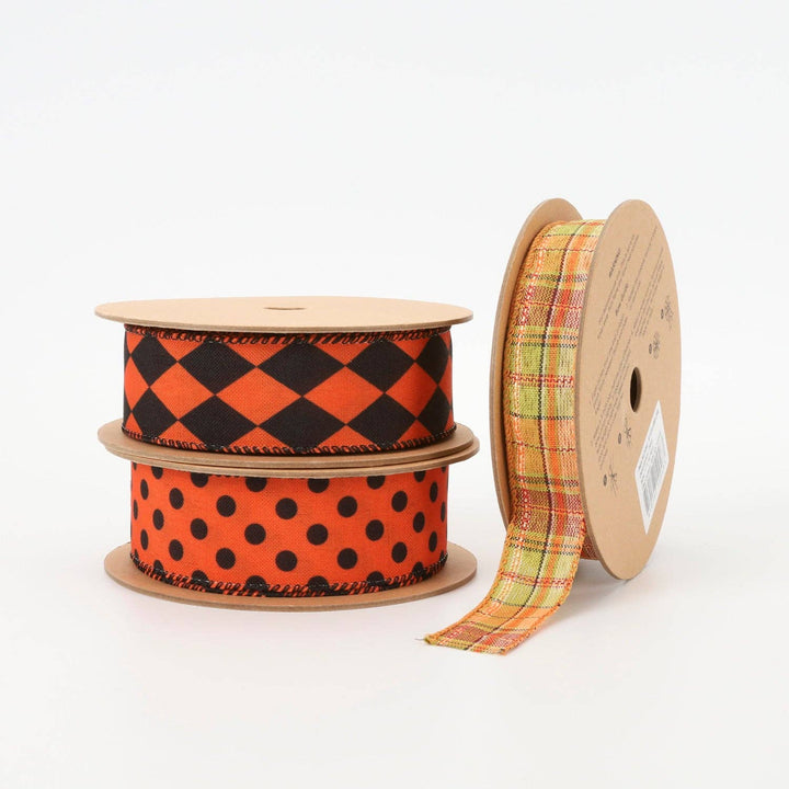 1 1/2" Faux Linen Wired Ribbon|Rhombus Orange/Black|10 Yards