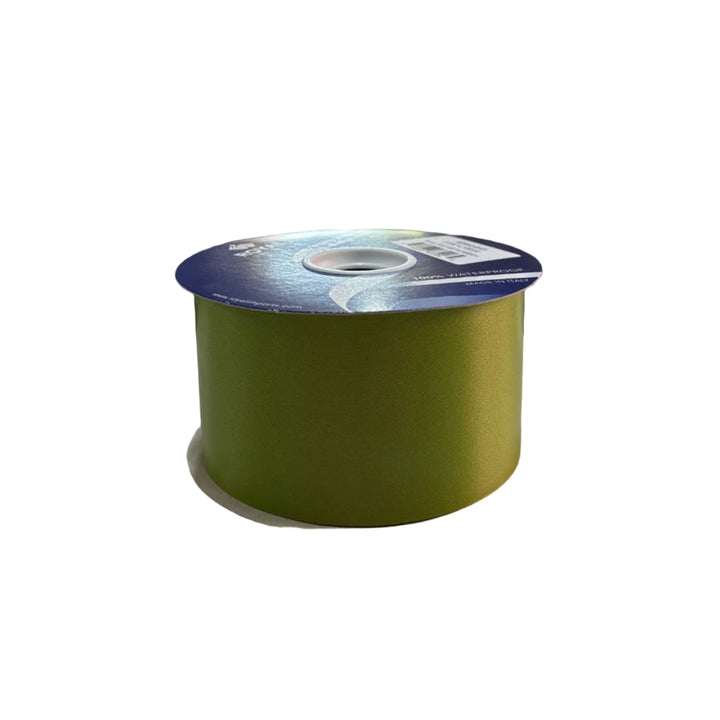 100 yard roll of basil solid color poly-satin ribbon 2 3/4" wide perfect for outdoor floral arrangements and weatherproof.