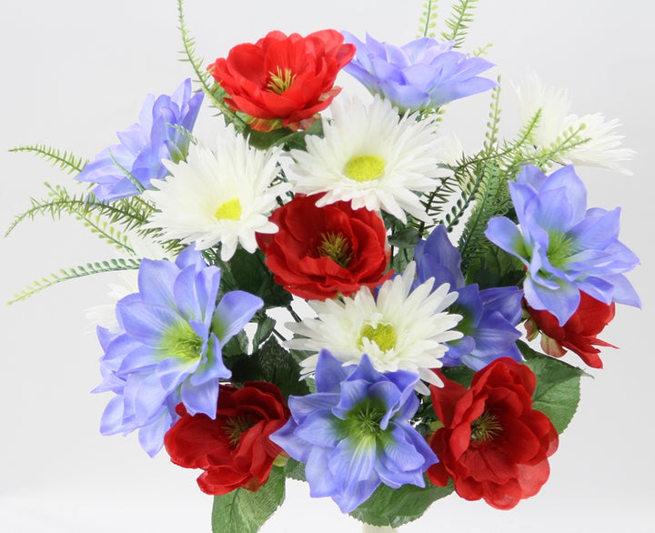 Red, white and blue dahlia magnolia mixed bush.  Perfect for America's 250th birthday, Veteran's Day, 4th of July and more.