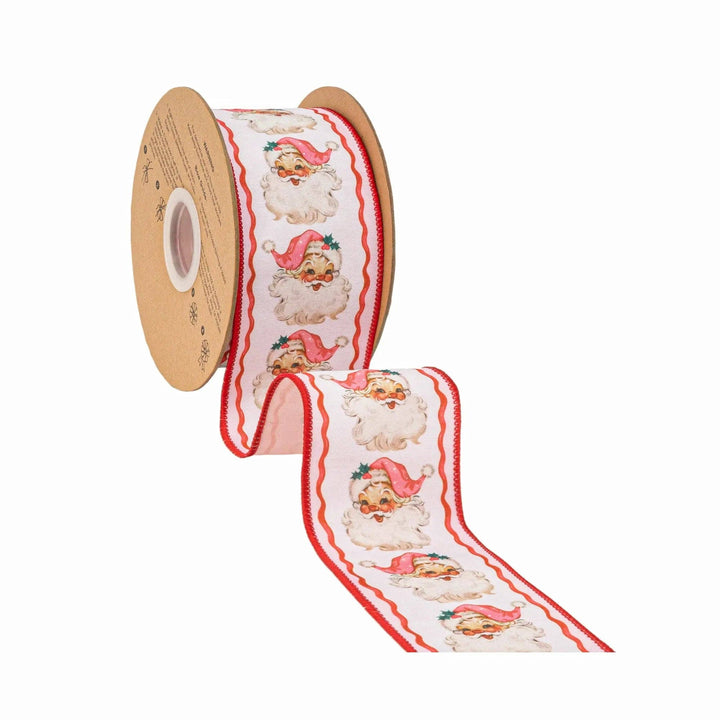 2 1/2" Wired Dupioni Ribbon | Retro Pink Santa and Ribbons w/ Pink Backing | 10 Yard Roll