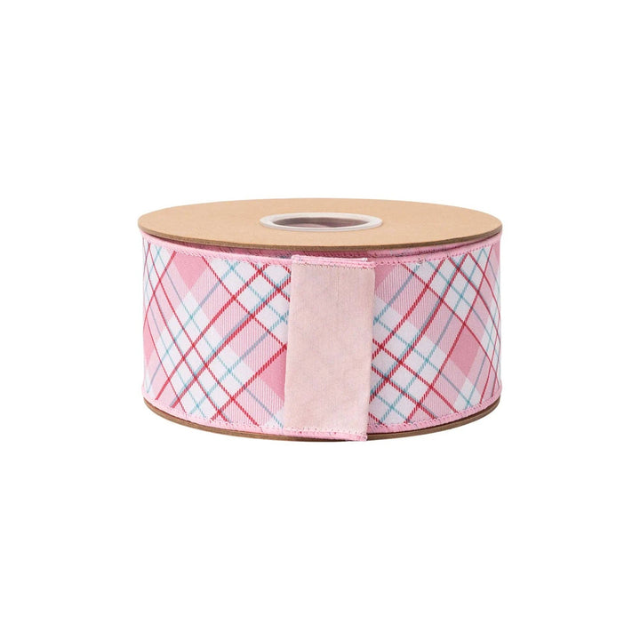 2 1/2" Wired Dupioni Ribbon | Pink/Red/White Bias Plaid w/ Pink Backing | 10 Yard Roll