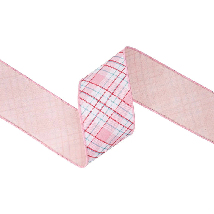 2 1/2" Wired Dupioni Ribbon | Pink/Red/White Bias Plaid w/ Pink Backing | 10 Yard Roll
