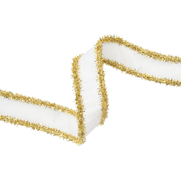 1" Wired Dupioni Ribbon | Ivory w/ Gold Tinsel Edging | 10 Yard Roll