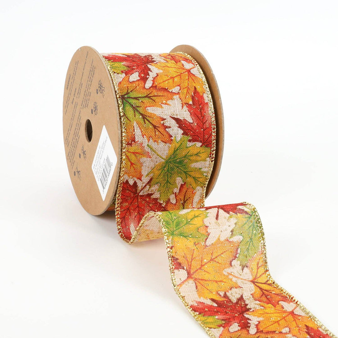 2 1/2" Wired Ribbon | "Maple Leaf" Natural/Multi | 10 Yard Roll