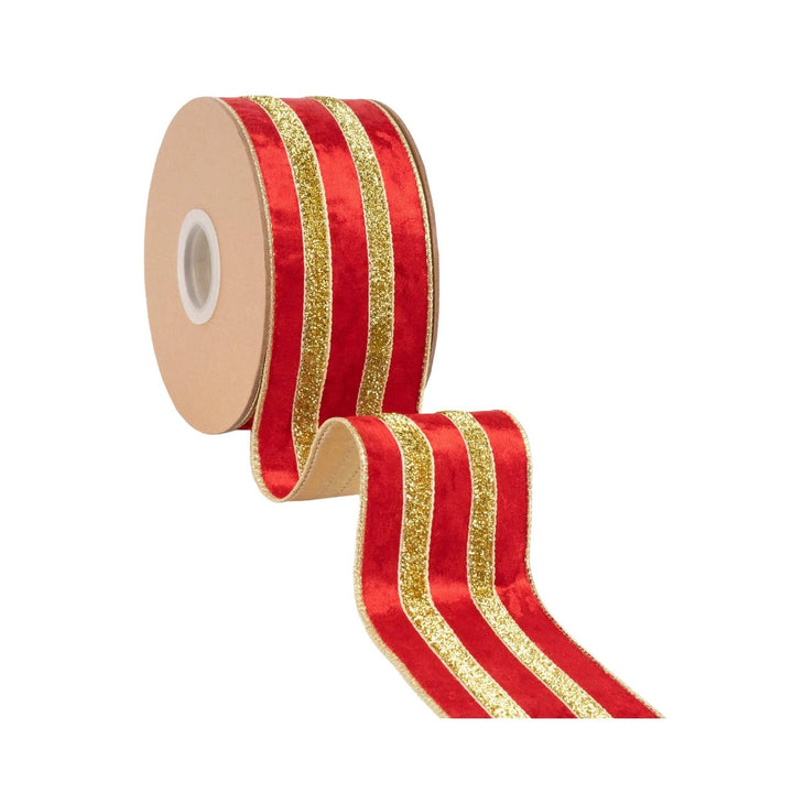 2 1/2" Wired Velvet Ribbon | Red w/ Gold Metallic Trim w/ Gold Backing | 10 Yard Roll