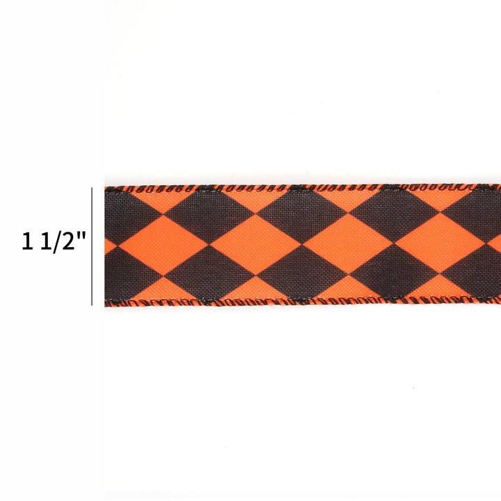 1 1/2" Faux Linen Wired Ribbon|Rhombus Orange/Black|10 Yards