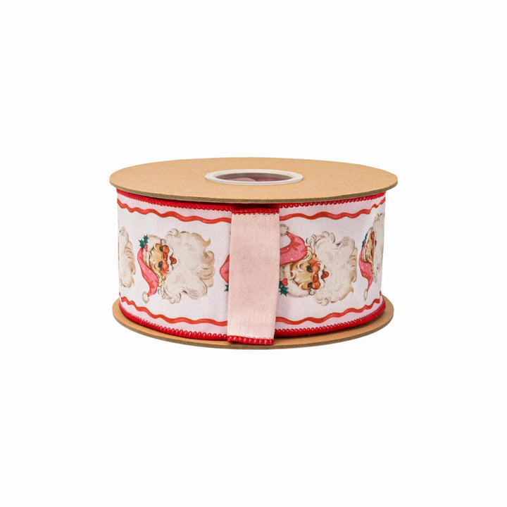 2 1/2" Wired Dupioni Ribbon | Retro Pink Santa and Ribbons w/ Pink Backing | 10 Yard Roll