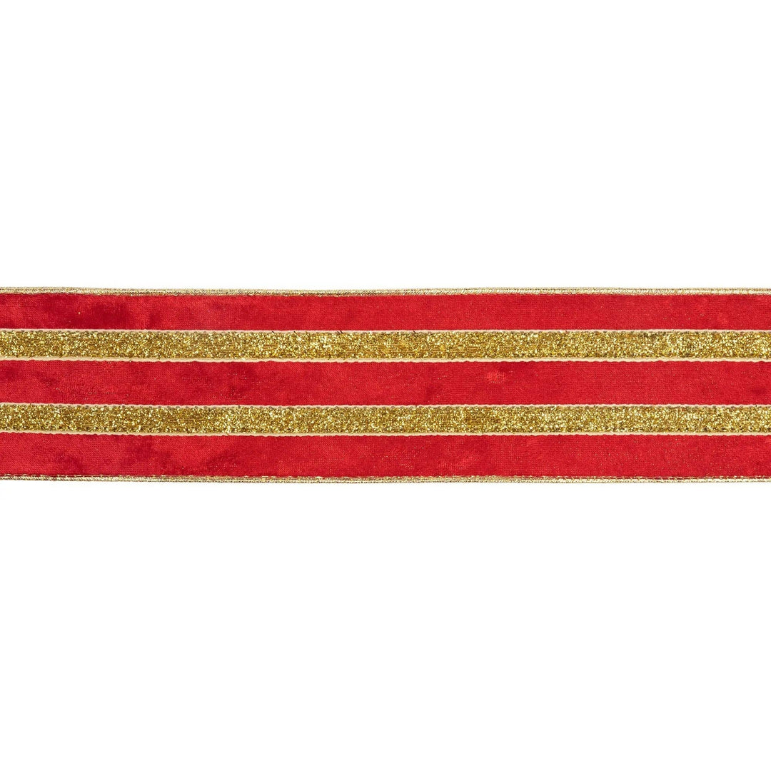 2 1/2" Wired Velvet Ribbon | Red w/ Gold Metallic Trim w/ Gold Backing | 10 Yard Roll
