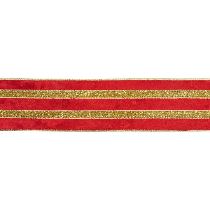 2 1/2" Wired Velvet Ribbon | Red w/ Gold Metallic Trim w/ Gold Backing | 10 Yard Roll