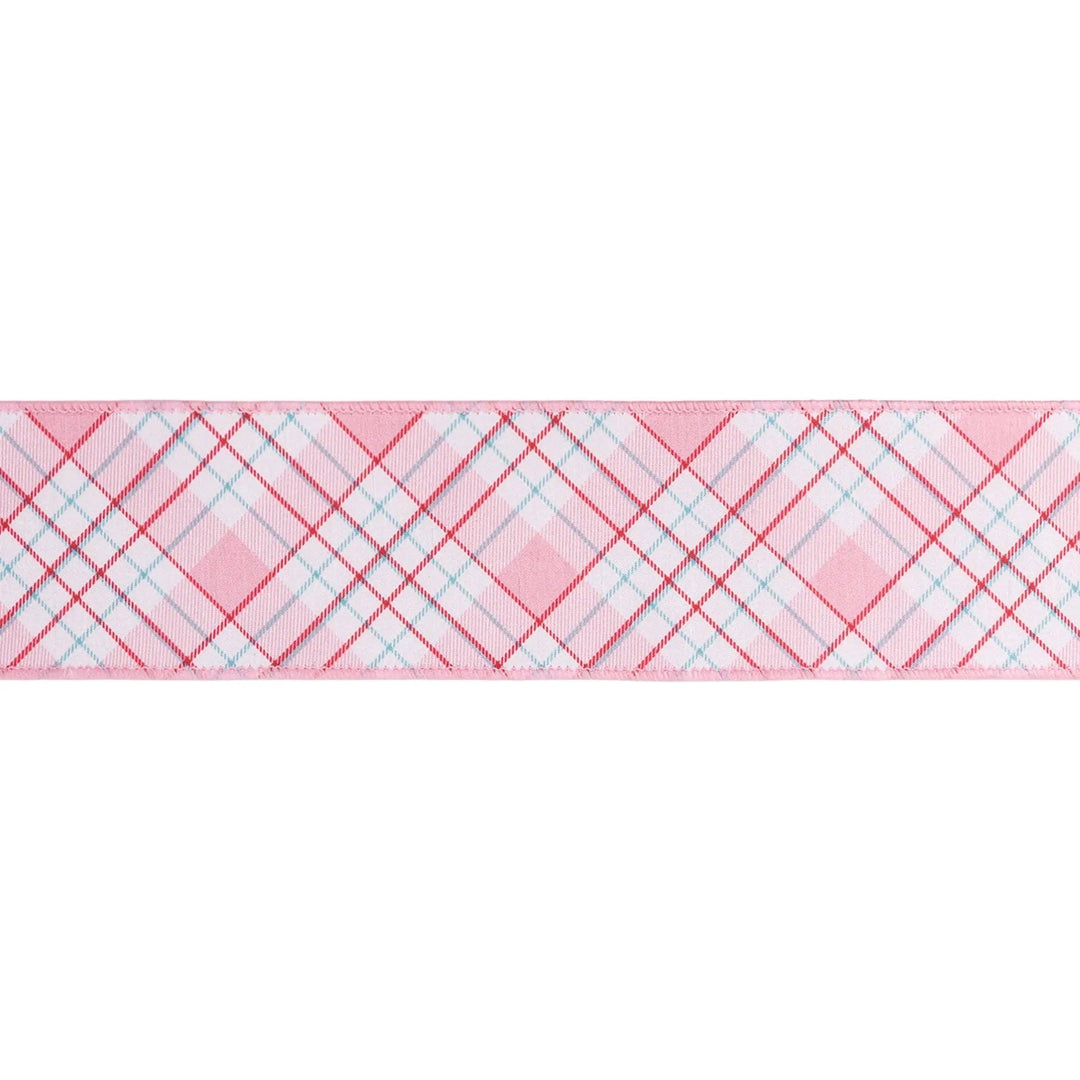 2 1/2" Wired Dupioni Ribbon | Pink/Red/White Bias Plaid w/ Pink Backing | 10 Yard Roll