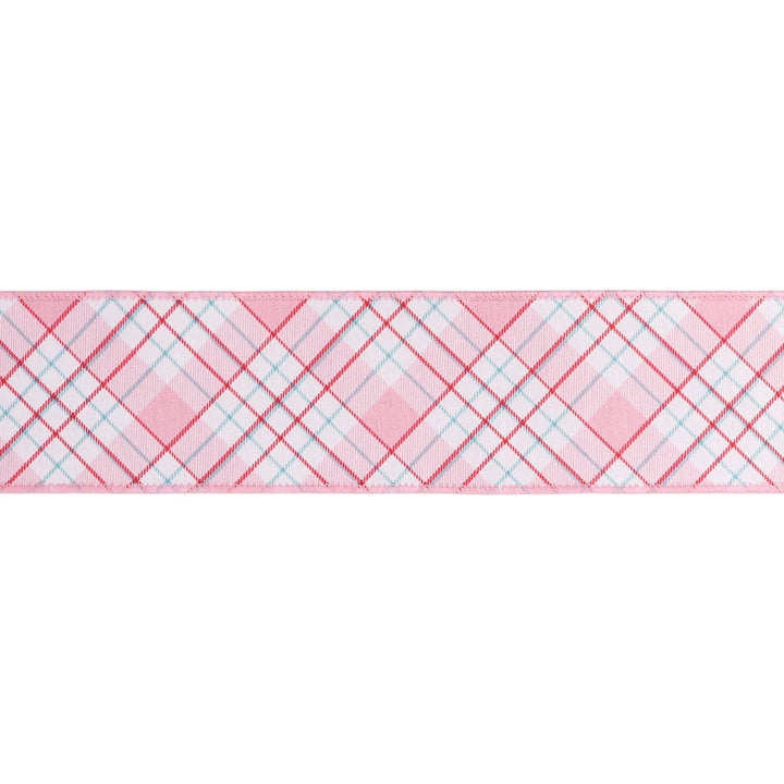 2 1/2" Wired Dupioni Ribbon | Pink/Red/White Bias Plaid w/ Pink Backing | 10 Yard Roll