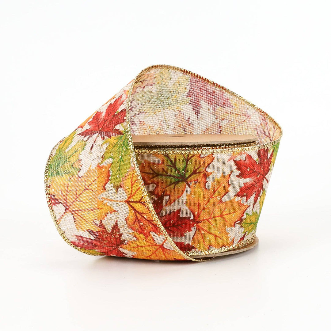2 1/2" Wired Ribbon | "Maple Leaf" Natural/Multi | 10 Yard Roll