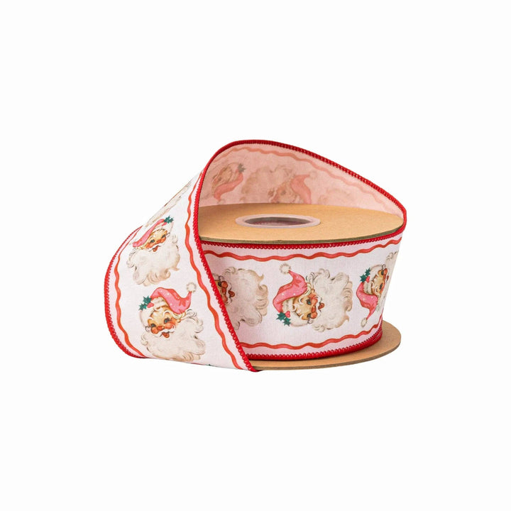 2 1/2" Wired Dupioni Ribbon | Retro Pink Santa and Ribbons w/ Pink Backing | 10 Yard Roll