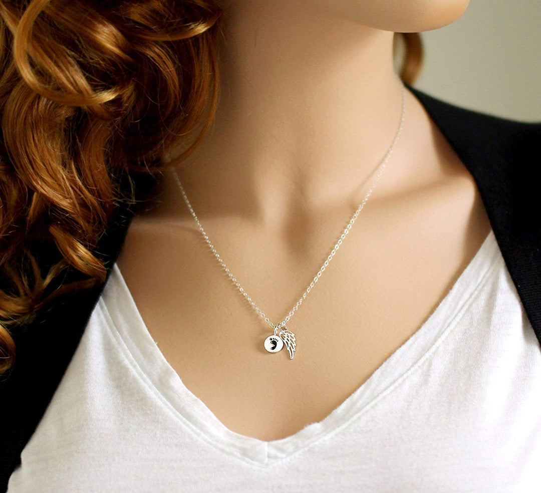Child Memorial Jewelry • Mother's Remembrance Necklace • Sterling Silver • Angel Wing/Baby Footprint Charm • Miscarry Infant Loss • Grief Sympathy Gift