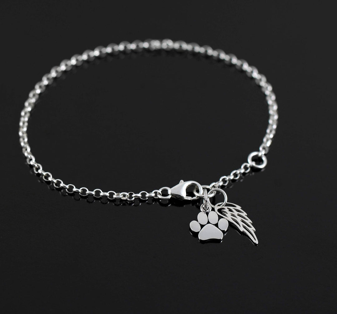 Gift for Loss of Pet • Sterling Silver Paw Print and Angel Wing Bracelet • Grief Jewelry for Women Girls • Pawprints on my Heart • Sorry for Your Loss of Dog Cat • Pet Memorial • No Longer by my Side
