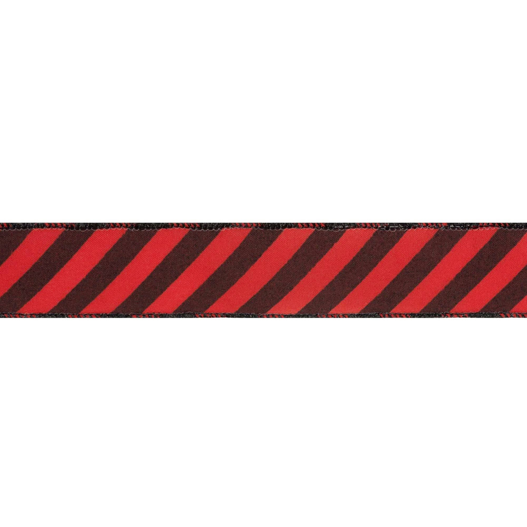 1 1/2" Wired Ribbon | Black Diagonal Glittered Stripes on Red | 10 Yard Roll