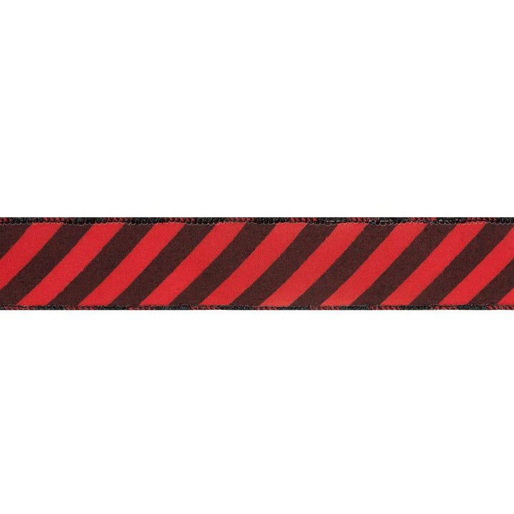 1 1/2" Wired Ribbon | Black Diagonal Glittered Stripes on Red | 10 Yard Roll