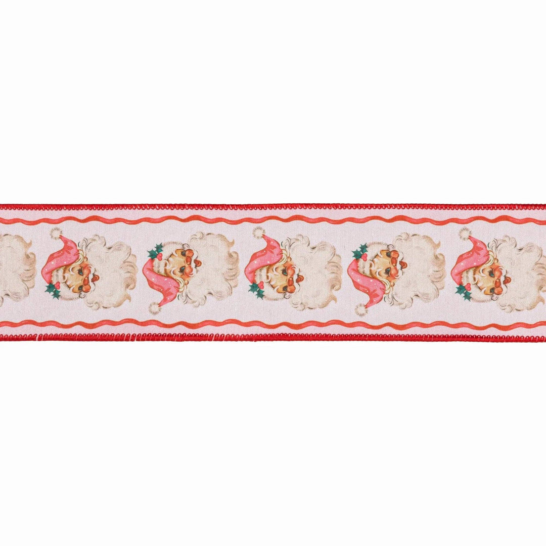 2 1/2" Wired Dupioni Ribbon | Retro Pink Santa and Ribbons w/ Pink Backing | 10 Yard Roll