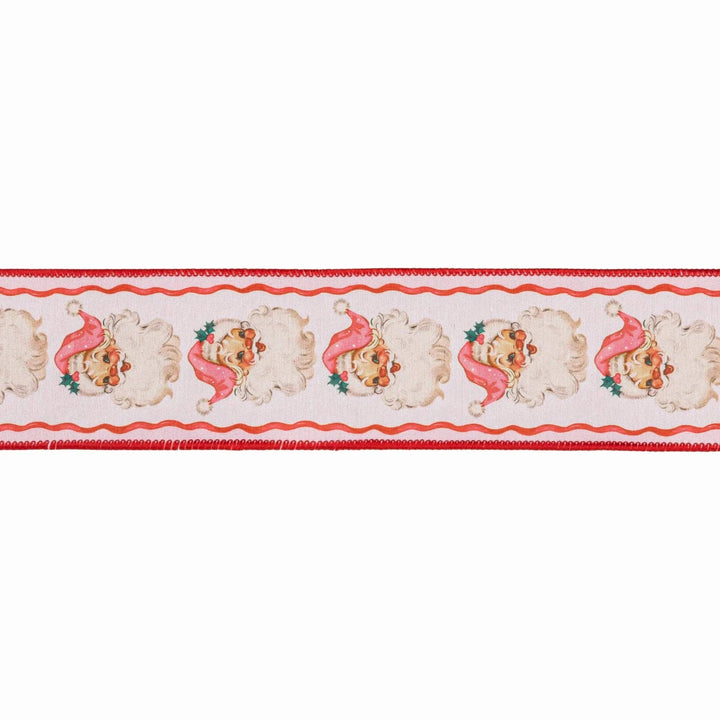 2 1/2" Wired Dupioni Ribbon | Retro Pink Santa and Ribbons w/ Pink Backing | 10 Yard Roll
