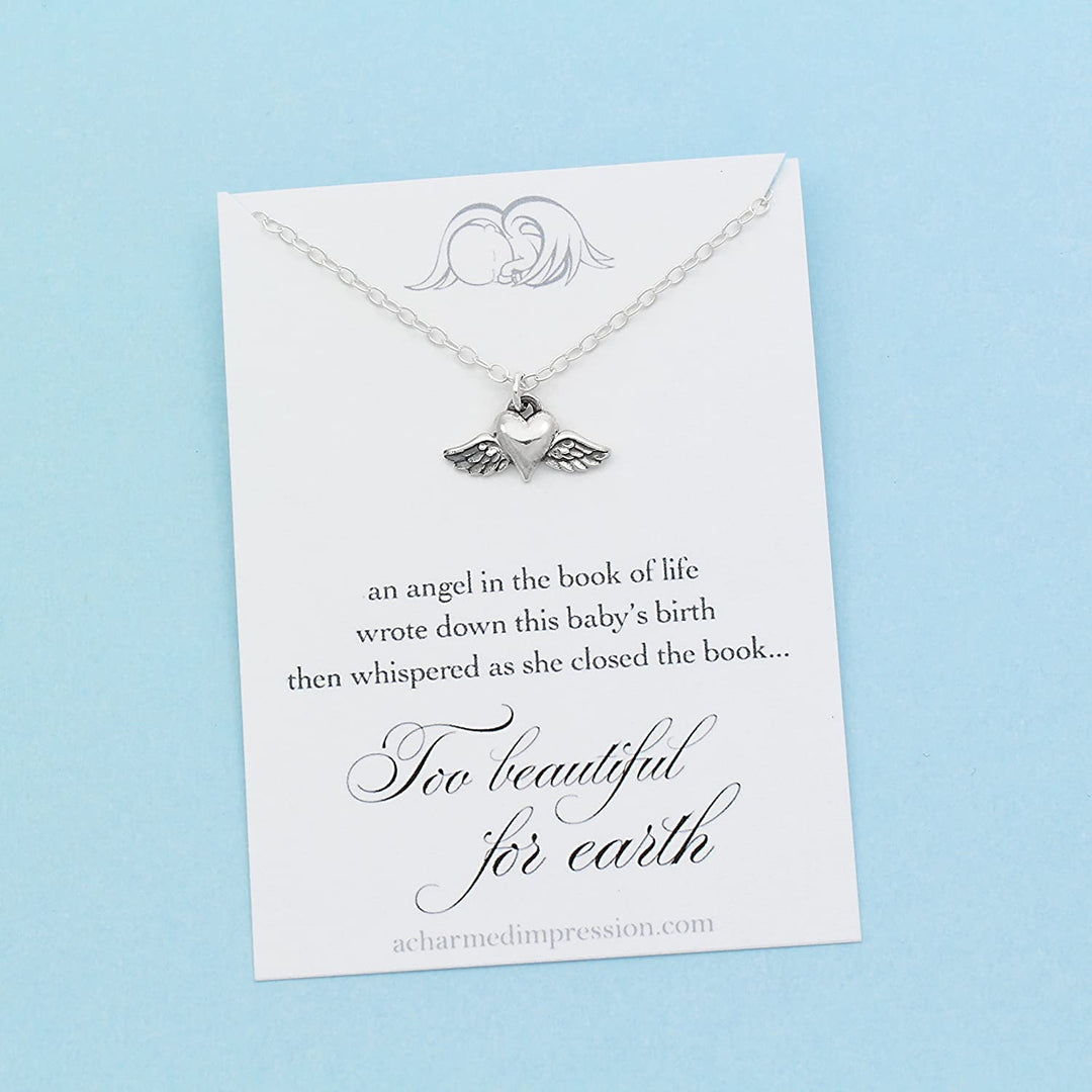 Angel Baby Memorial Charm • Miscarriage Necklace • Tiny Winged Heart • Sterling Silver • Too Beautiful for Earth