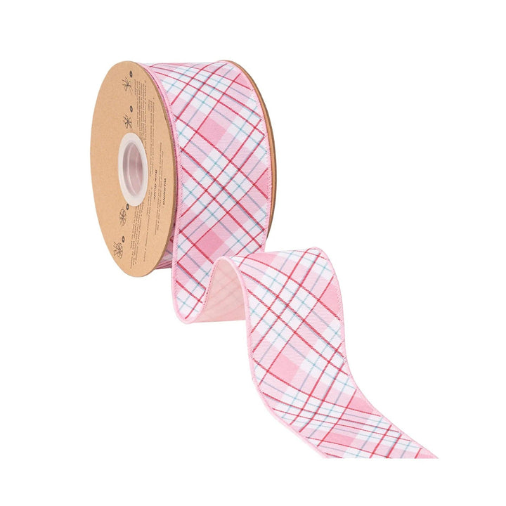2 1/2" Wired Dupioni Ribbon | Pink/Red/White Bias Plaid w/ Pink Backing | 10 Yard Roll