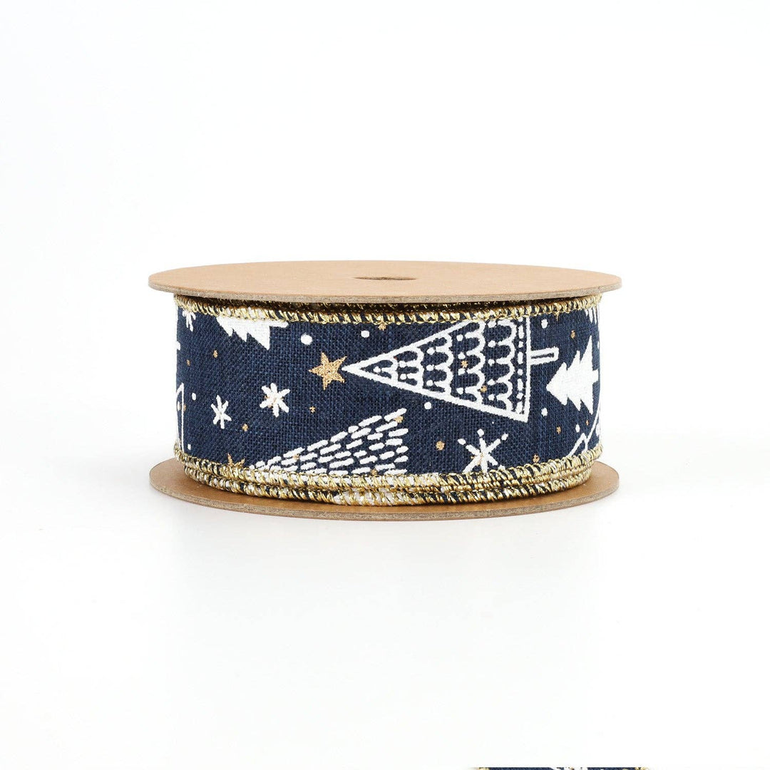 1 1/2" Printed Wired Ribbon | Abstract Trees Blue/White/Gold