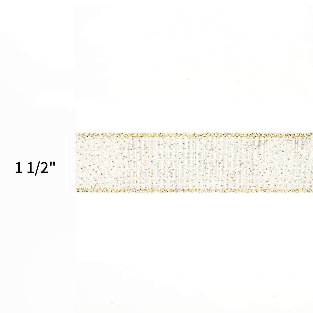 1 1/2" Wired Ribbon | "Glitter Linen" White/Gold | 10 Yard Roll