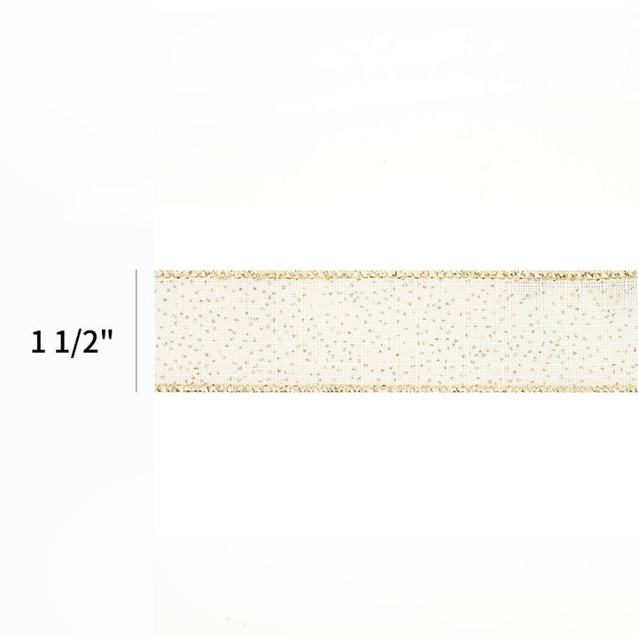 1 1/2" Wired Ribbon | "Glitter Linen" White/Gold | 10 Yard Roll