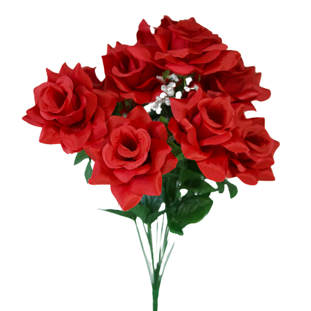 Red veined satin artificial rose bush x12 for cemetery memorials