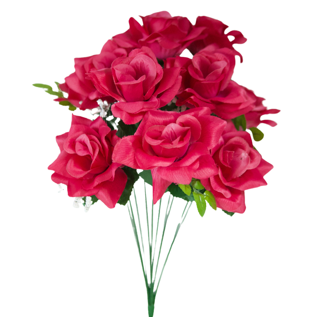 Beauty veined satin artificial rose bush x12 for cemetery memorials