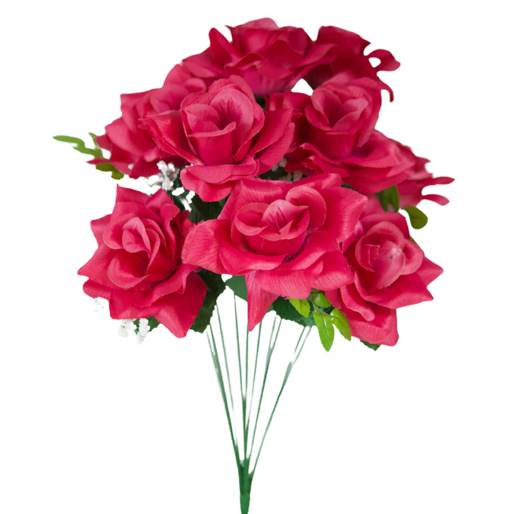 Beauty veined satin artificial rose bush x12 for cemetery memorials