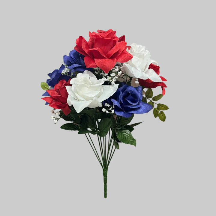 Red, white and blue roses with gypsum and greenery.  Perfect for Memorial Day.