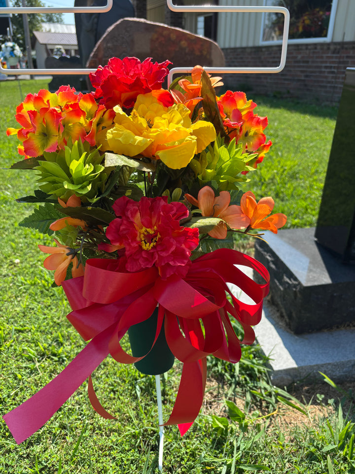 Golden Meadow Memorial Ground Vase Arrangement (Red Zinnias, Yellow Hibiscus, Green Oriental Gingers & Yellow/Orange Freesias)