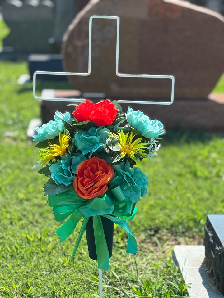 Farmhouse Bloom (Turquoise, Red & Orange Peonies, Turquoise Hydrangeas & Yellow Spider Mums)