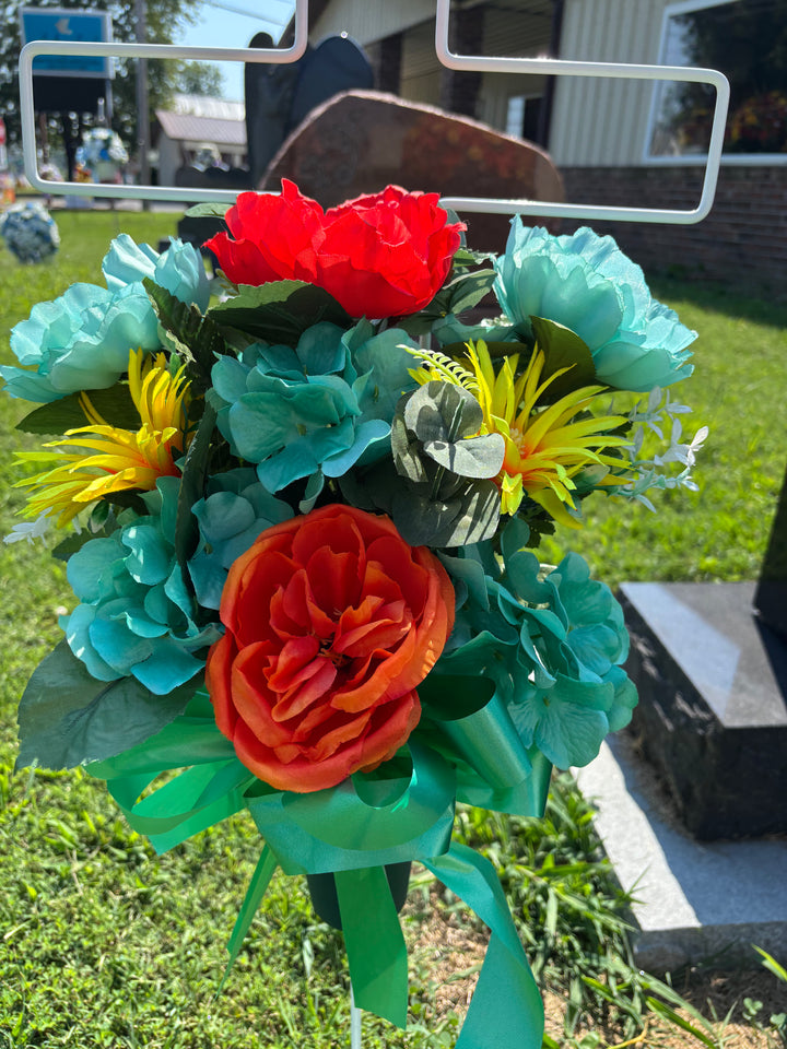 Farmhouse Bloom (Turquoise, Red & Orange Peonies, Turquoise Hydrangeas & Yellow Spider Mums)