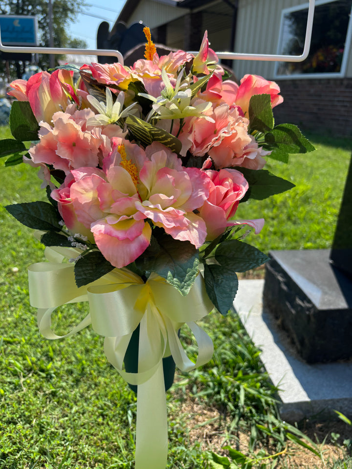 Peach Horizon Memorial Ground Vase Arrangement (Peach/Yellow Hibiscus and Roses; Peach Hydrangea)