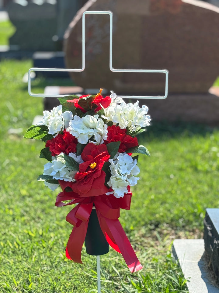 Blooming Tribute Memorial Ground Vase Arrangement (Red Hibiscus &amp; Cream Freesia)