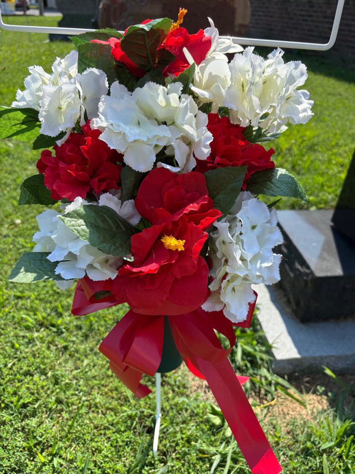 Blooming Tribute Memorial Ground Vase Arrangement (Red Hibiscus &amp; Cream Freesia)