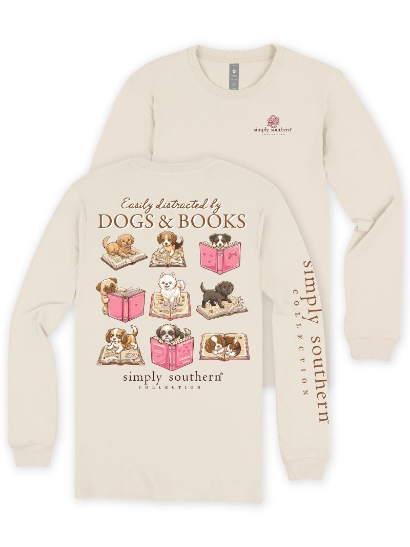 Simply Southern Adult or Youth "Dogsbooks" Long Sleeve T-Shirt in Linen