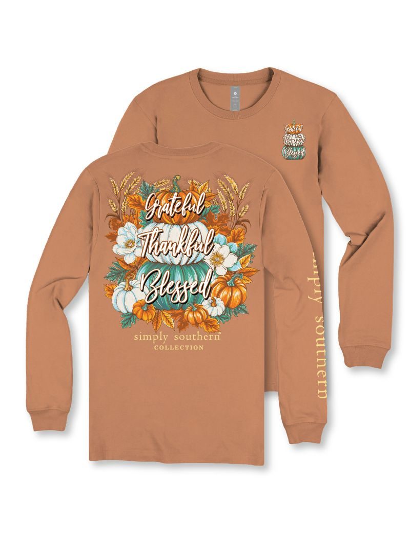 Simply Southern Adult or Youth "Thankful" Long Sleeve T-Shirt in Chestnut