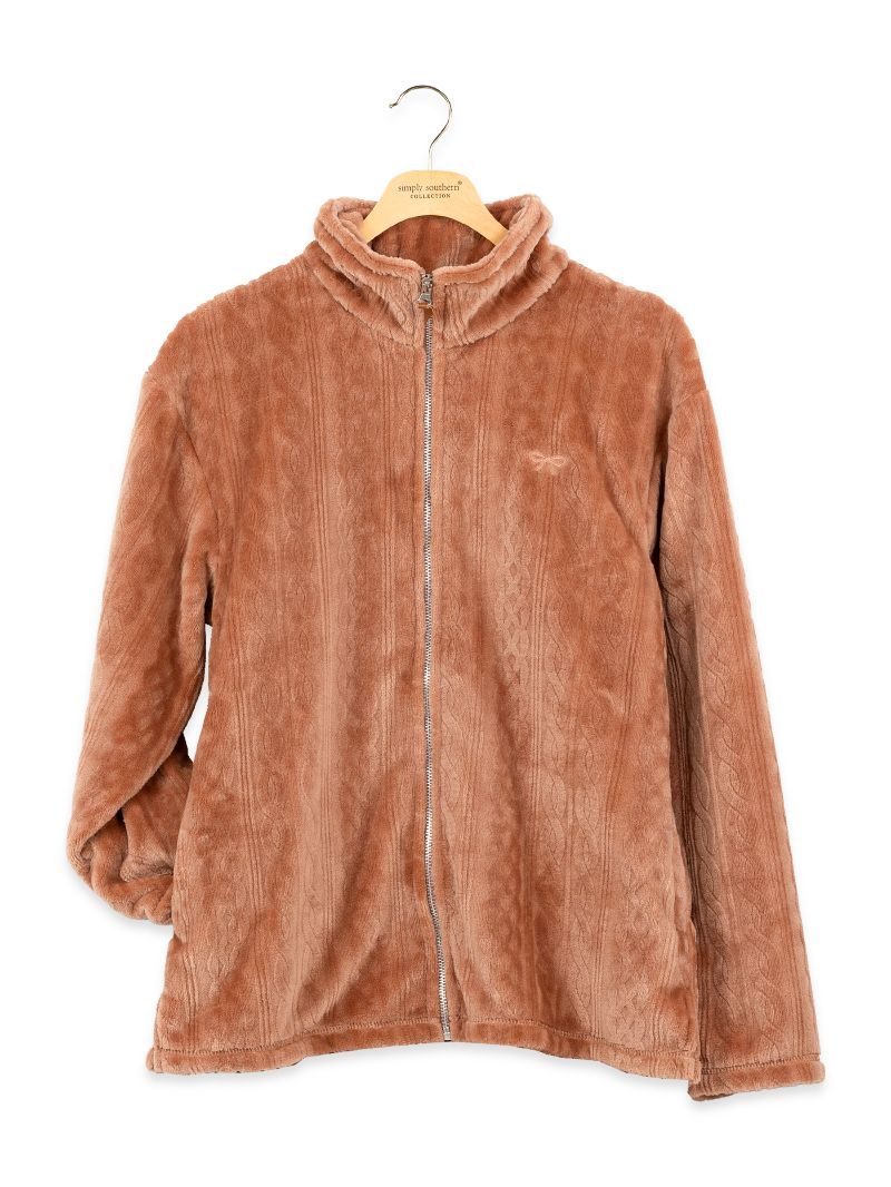 Simply Southern Plush Relaxed Fit Zip-Up Jacket in Mocha