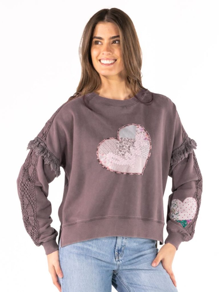 Simply Southern Adult Fringe Heart Sweatshirt Love in Taupe