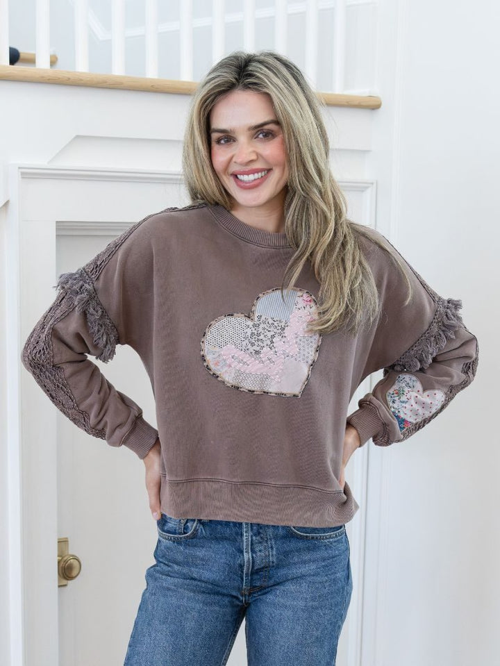 Simply Southern Adult Fringe Heart Sweatshirt Love in Taupe