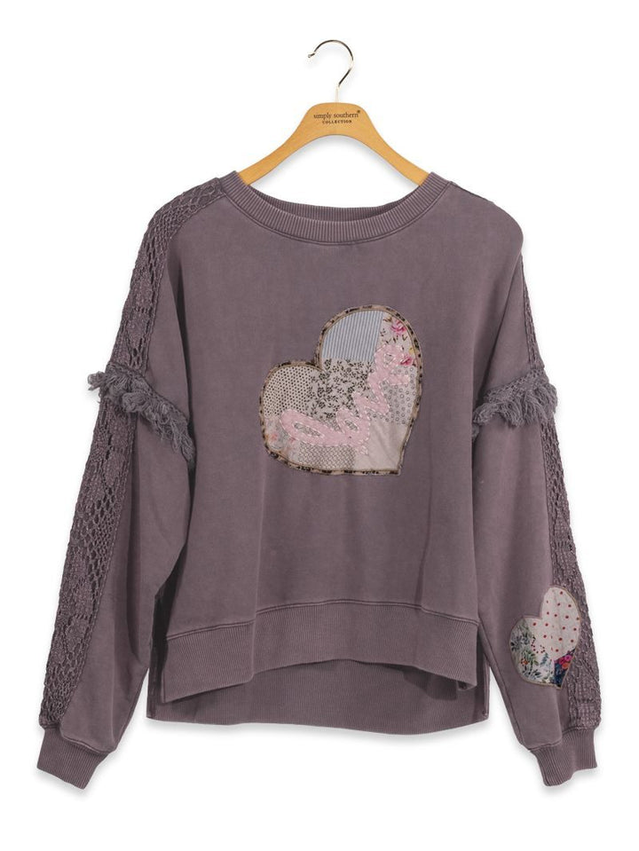Simply Southern Adult Fringe Heart Sweatshirt Love in Taupe