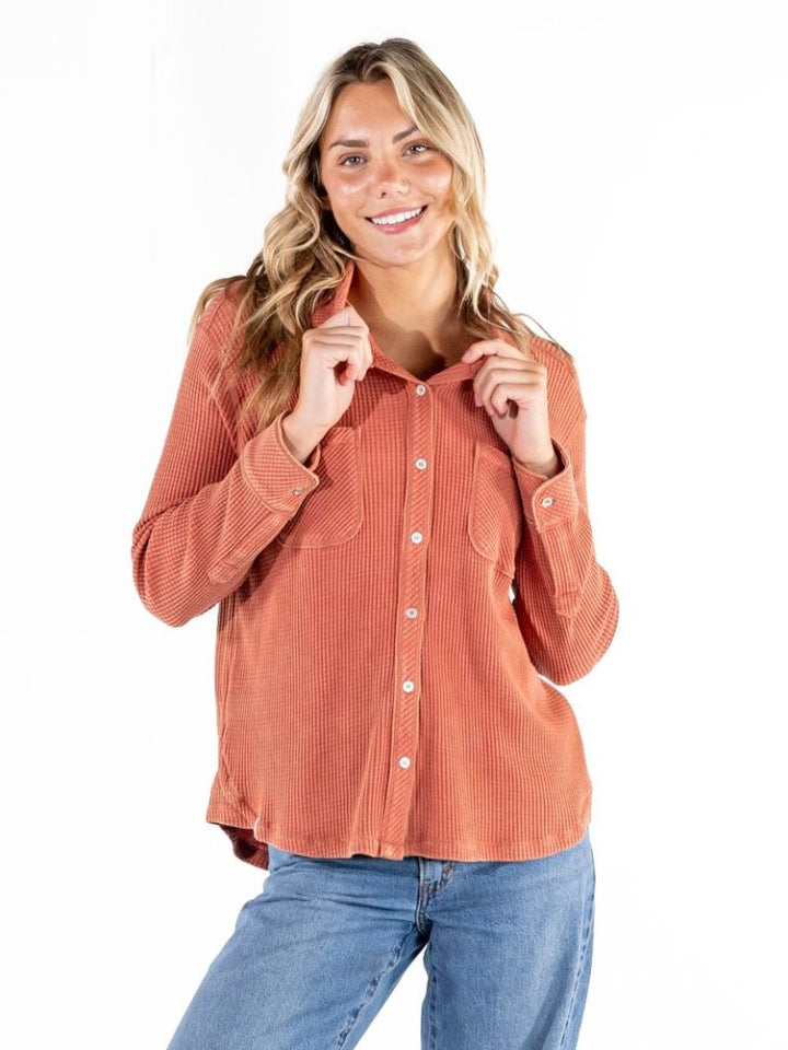 Simply Southern Adult Long Sleeve Button Waffle Shirt in Rust
